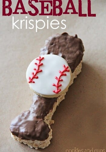 Chocolate Dipped Rice Krispie Baseball Bat with Frosted Sugar Cookie Baseball