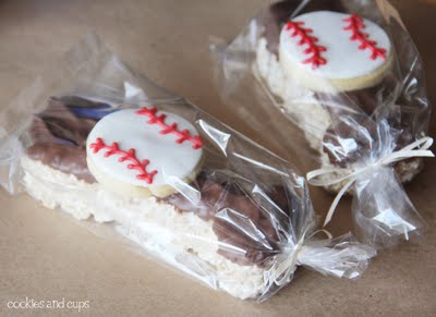 Individually wrapped baseball bat and ball krispie treats