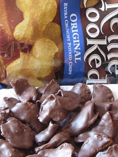 A Pile of Chocolate Covered Kettle Chips Beside the Bag the Chips Came In