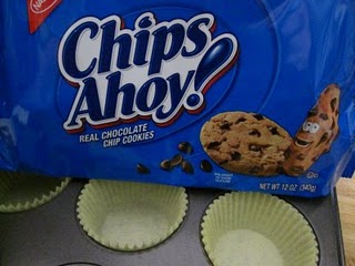 A Package of Chips Ahoy Cookies Over a Cupcake Pan Filled with Liners