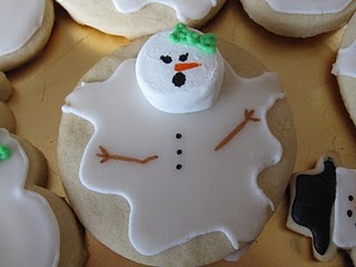 Overhead view of a cookie decorated as a melting snowman.