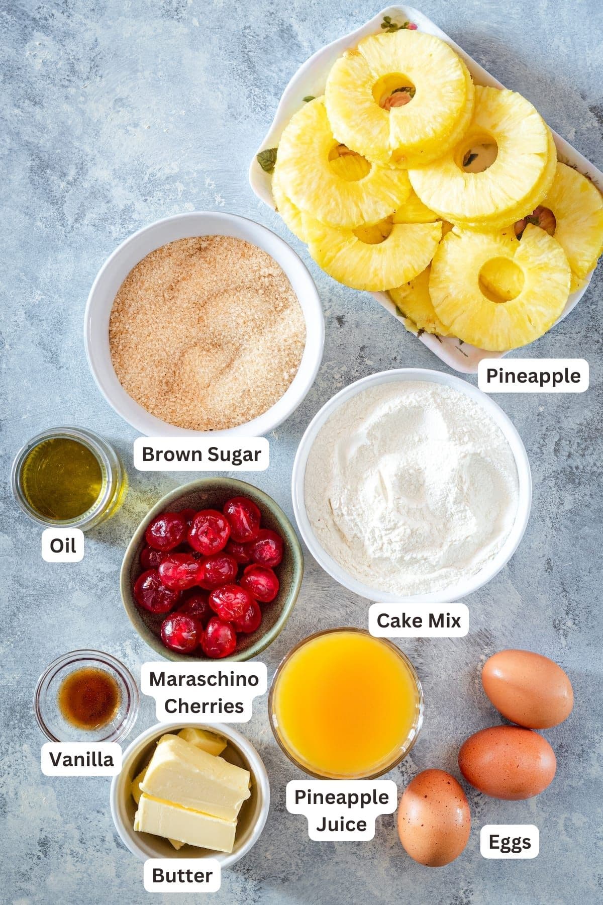 Ingredients for Pineapple Upside Down Cake.