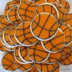 Overhead view of basketball frosted cookies.