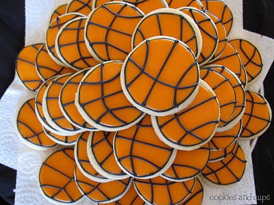 Overhead view of basketball frosted cookies.