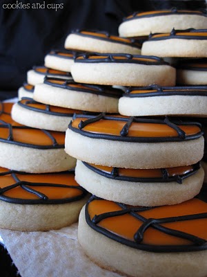 Close-up of a stack of basketball frosted cookies