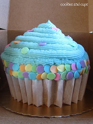 Side view of a giant cupcake cake