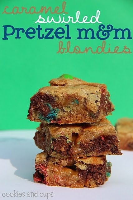 Caramel Swirled Pretzel M&M Blondies Stacked