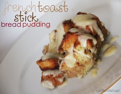 Close-up of a serving of French Toast Stick Bread Pudding with glaze on a plate