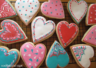 Overhead view of frosted heart cookies