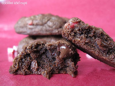 Close-up of a double-chocolate mint cookie broken in half