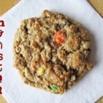 Top view of monster cookie on a napkin