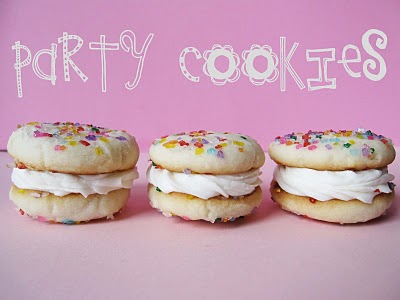 Three sandwich cookies with frosting for a birthday party.