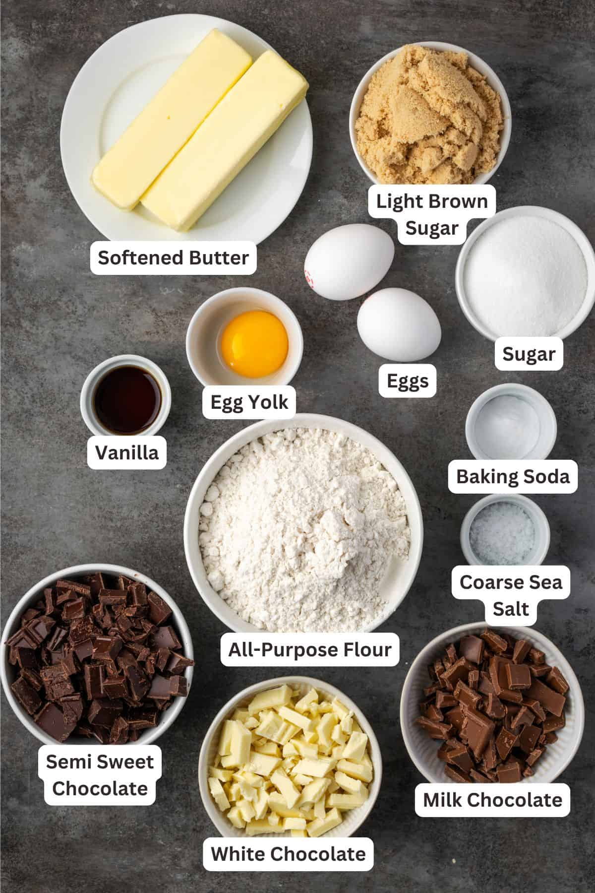 The ingredients for triple chocolate cookies with text labels overlaying each ingredient.