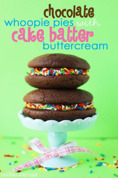 chocolate whoopie pies with cake batter buttercream