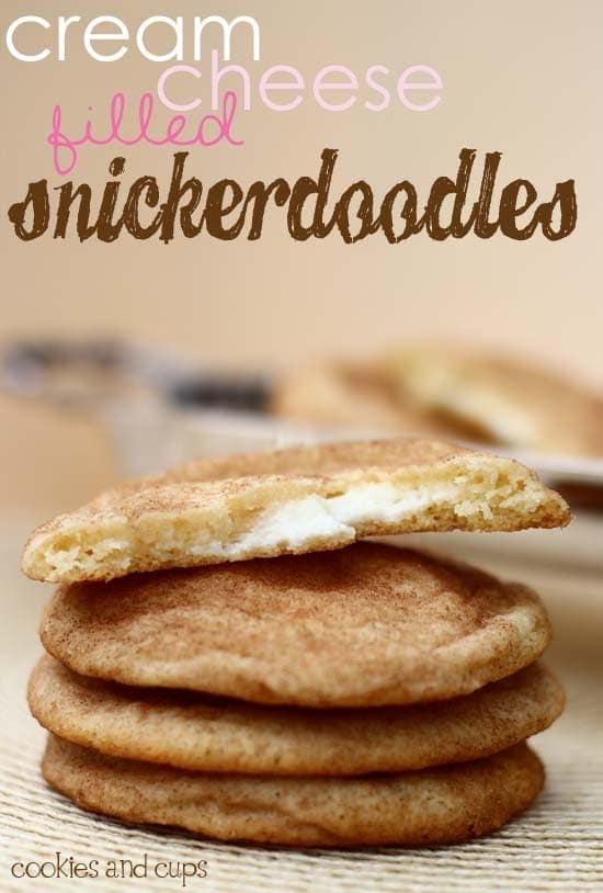 Side view of stacked cream cheese filled snickerdoodles