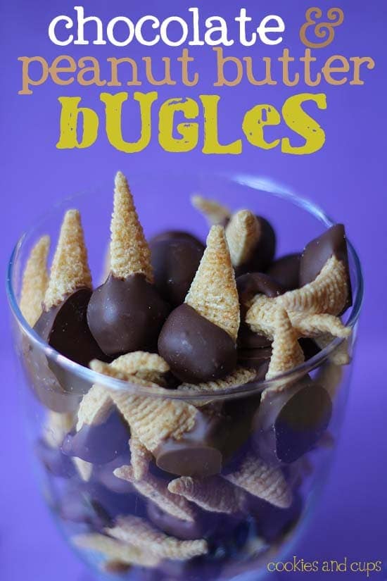 Chocolate and Peanut Butter Bugles in a clear cup