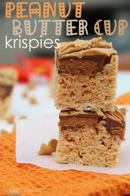 Two Peanut Butter Cup Krispie bars, stacked