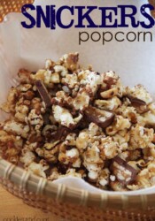 Snickers Popcorn in a paper-lined basket