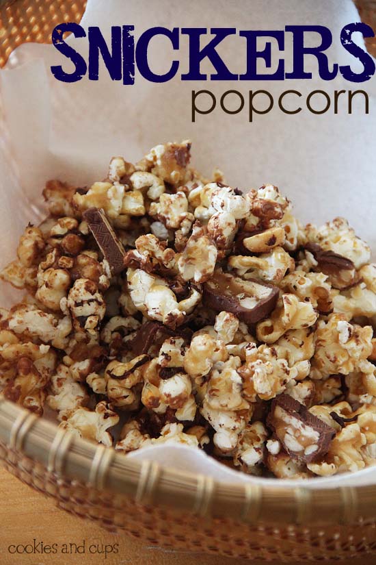 Snickers Popcorn in a paper-lined basket