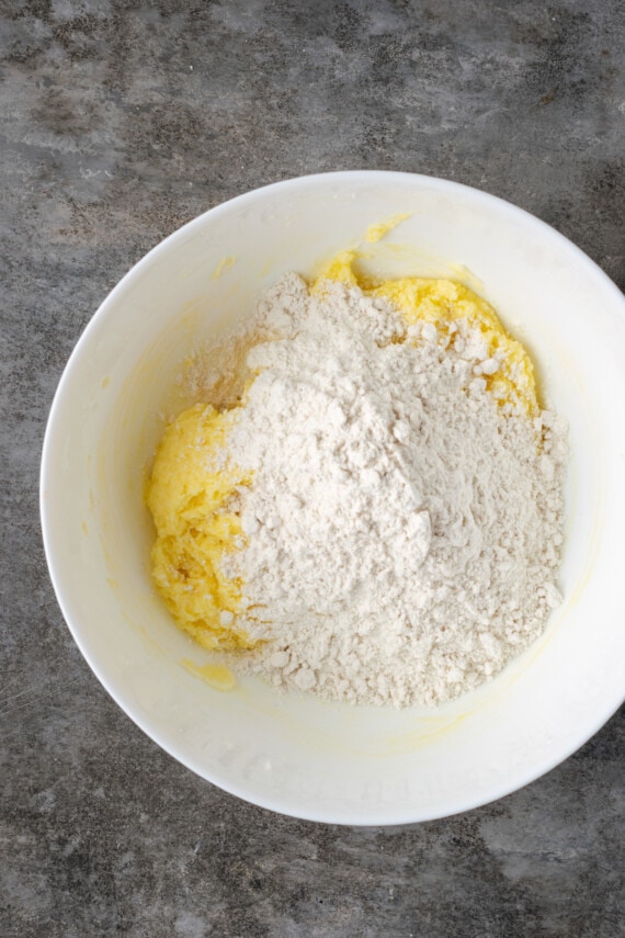 Flour poured into a mixing bowl.
