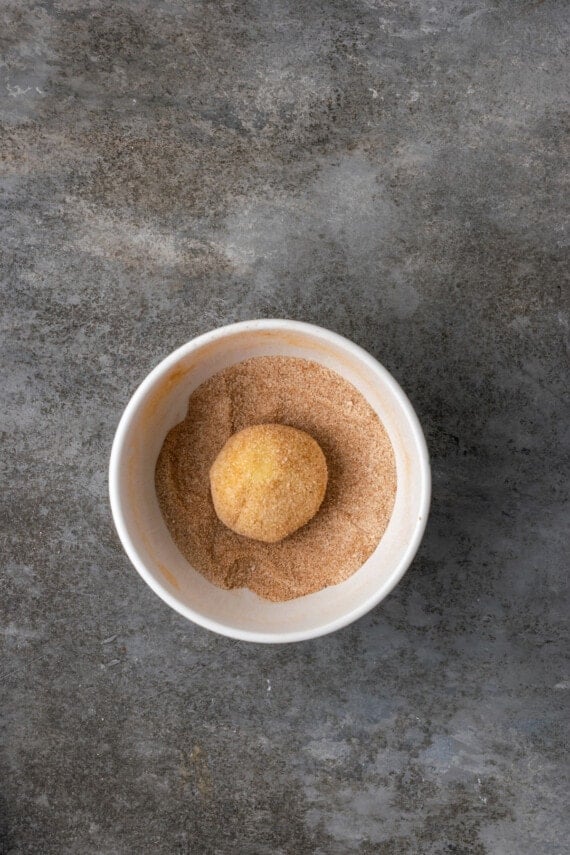 A cookie dough ball rolled in a bowl of cinnamon sugar.