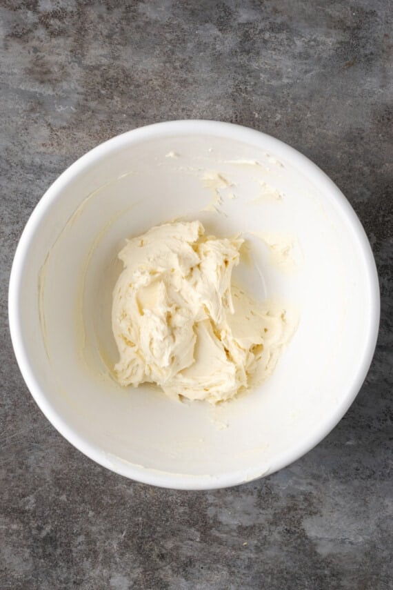 Cream cheese filling in a mixing bowl.