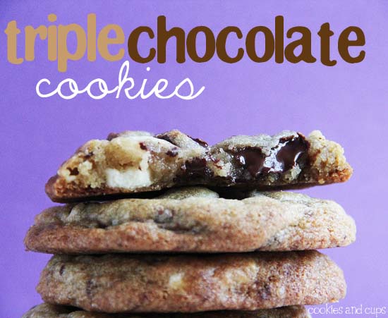 Three triple chocolate cookies, stacked