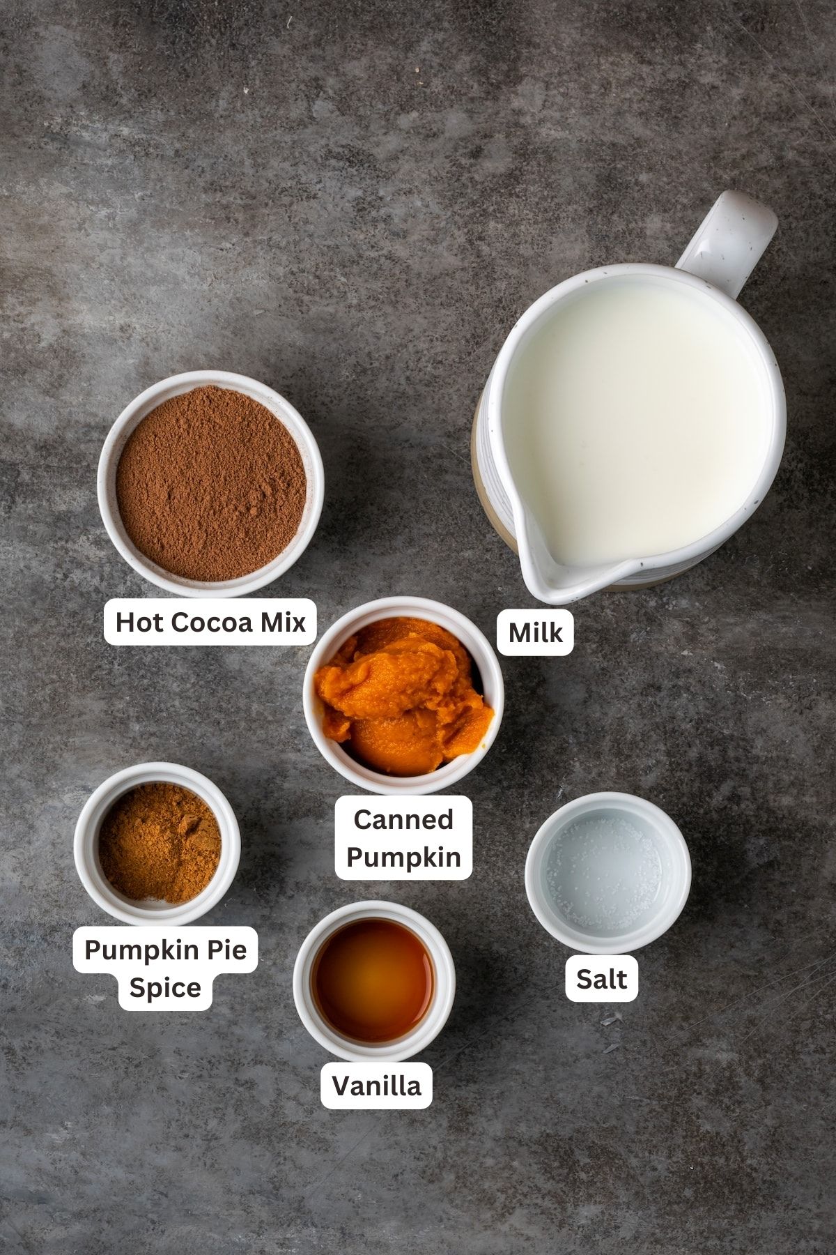 Ingredients for Pumpkin Spice Hot Chocolate.