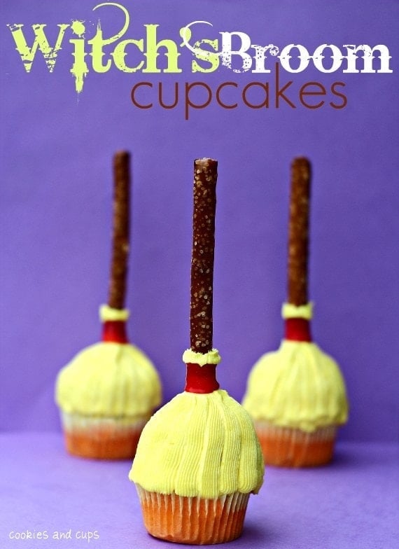 Three Witch's Broom Cupcakes with pretzel broomstick