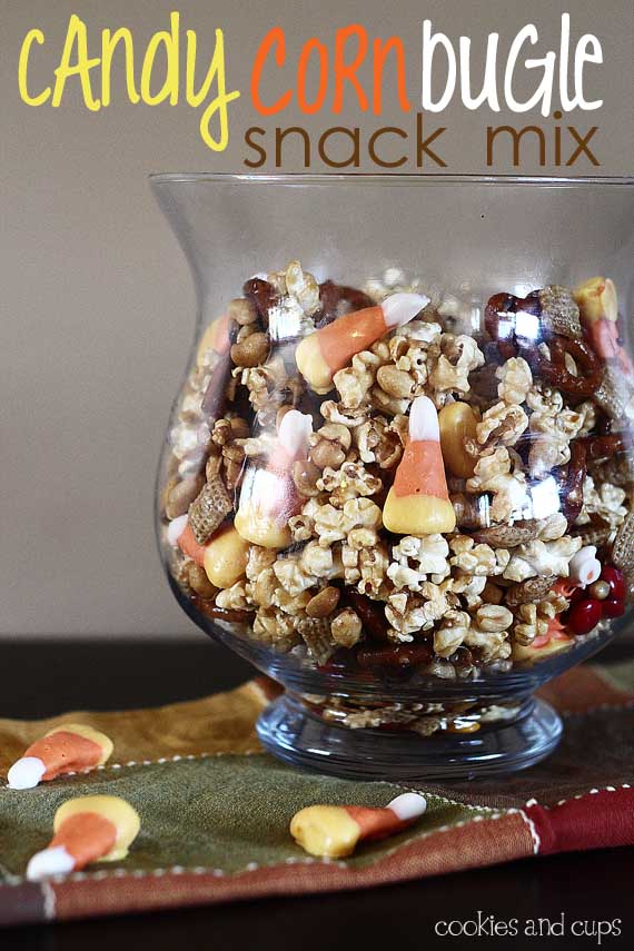 Side view of Candy Corn Bugle Snack Mix in a glass dish