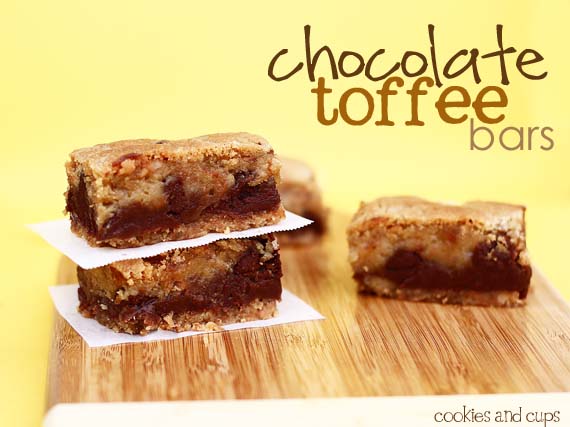 Side view of chocolate toffee bars stacked