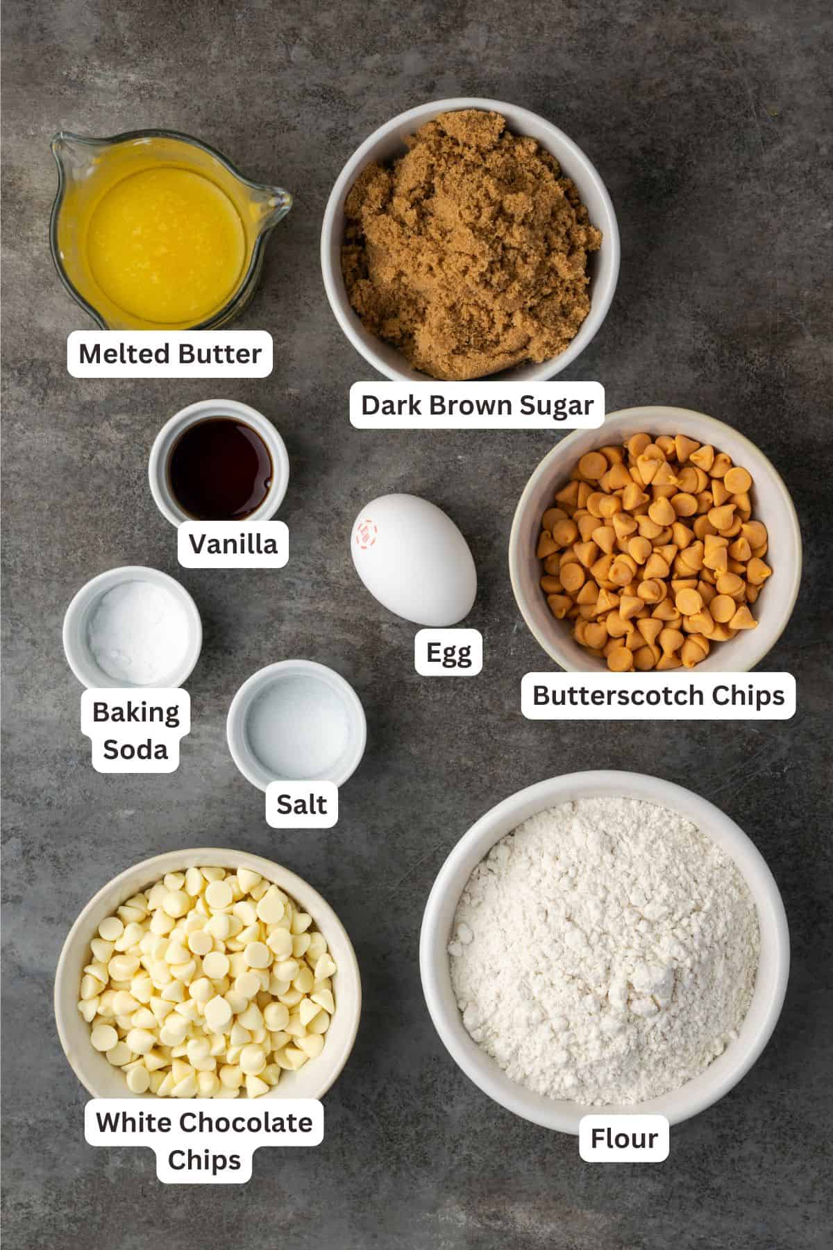 Butterscotch blondies ingredients with text labels overlaying each ingredient.