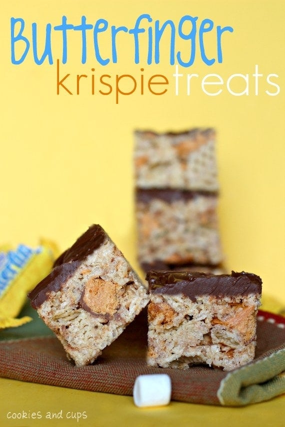 Butterfinger Krispie Treats, stacked on a napkin