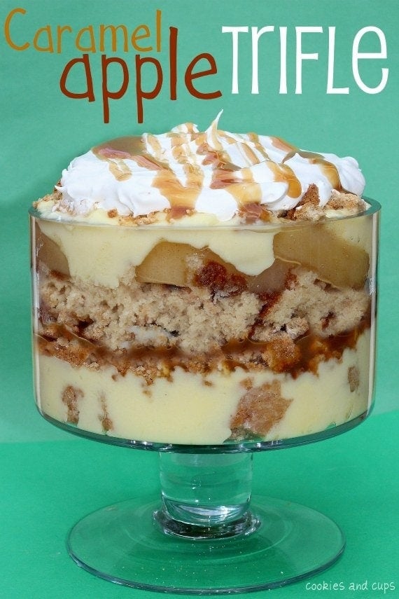 Side view of caramel apple trifle in a clear trifle bowl