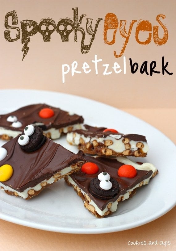 Pieces of Spooky Eyes pretzel bark on a plate