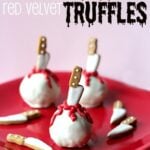 Bleeding Red Velvet Truffles with edible decorative knives