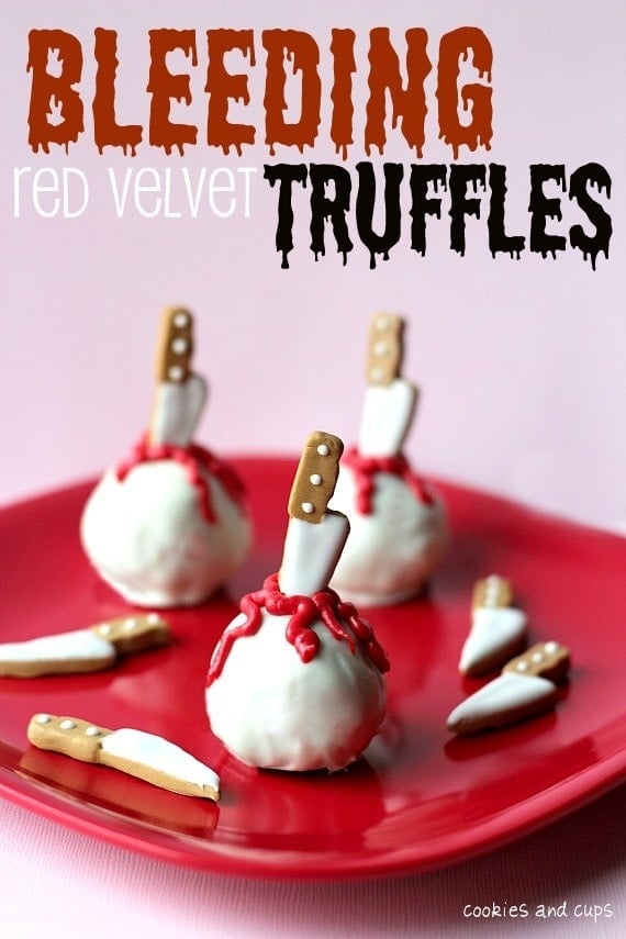 Bleeding Red Velvet Truffles with edible decorative knives