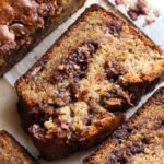 A slice of peanut butter banana bread from the top