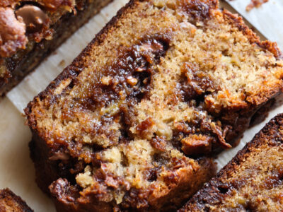 A slice of peanut butter banana bread from the top
