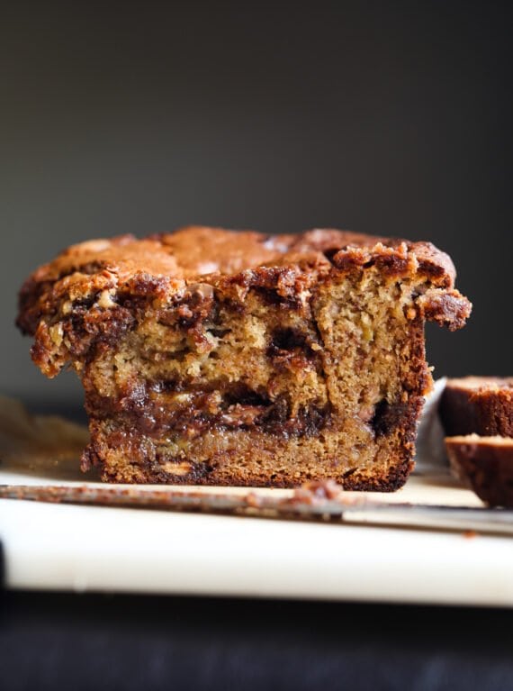 Peanut Butter Cup Banana Bread sliced in half