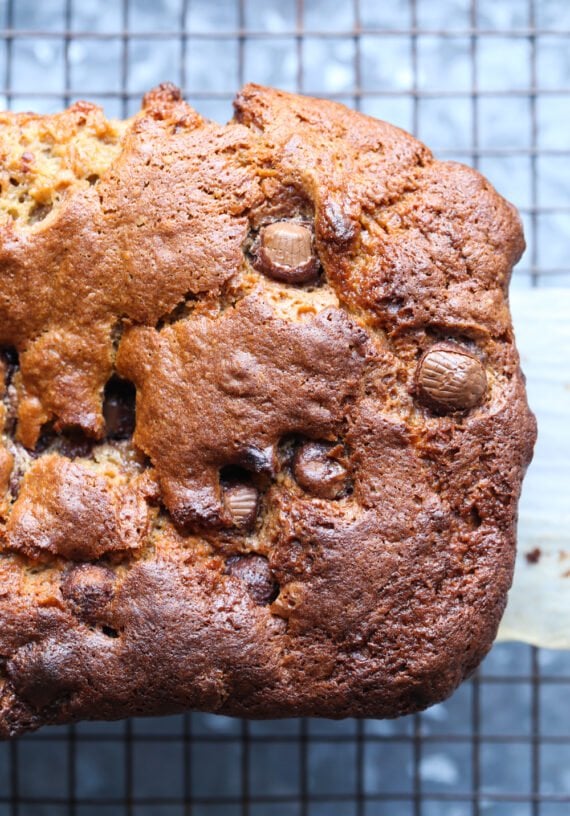 Banana Bread from above with mini peanut butter cups