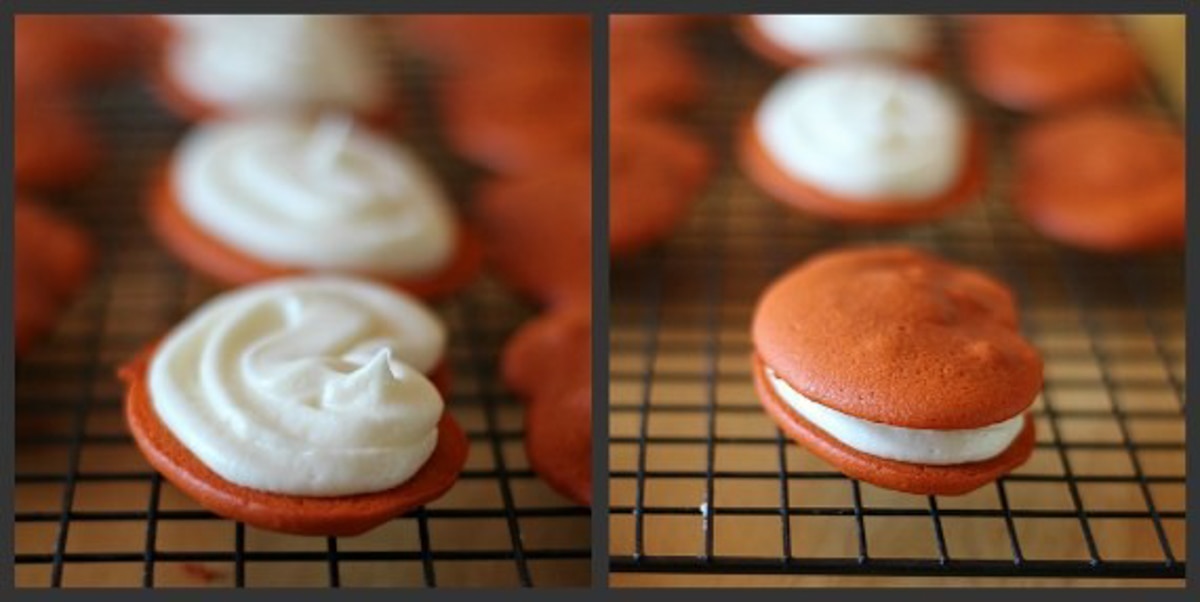 Pumpkin Shaped cookies filled with white frosting collage