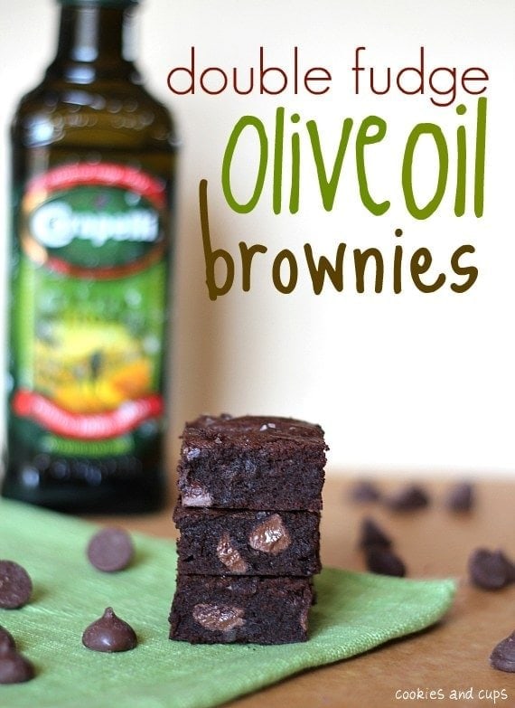 Double Fudge Olive Oil Brownies, stacked on a green napkin