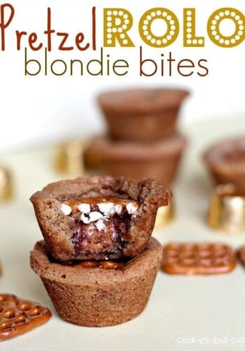 Pretzel Rolo Blondie Bites, stacked with a bite out of the top one