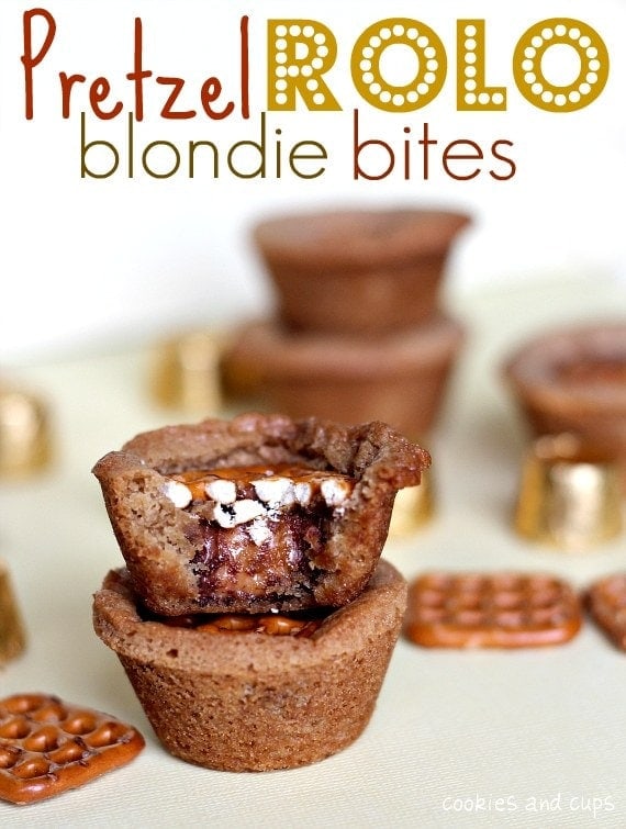 Pretzel Rolo Blondie Bites, stacked with a bite out of the top one