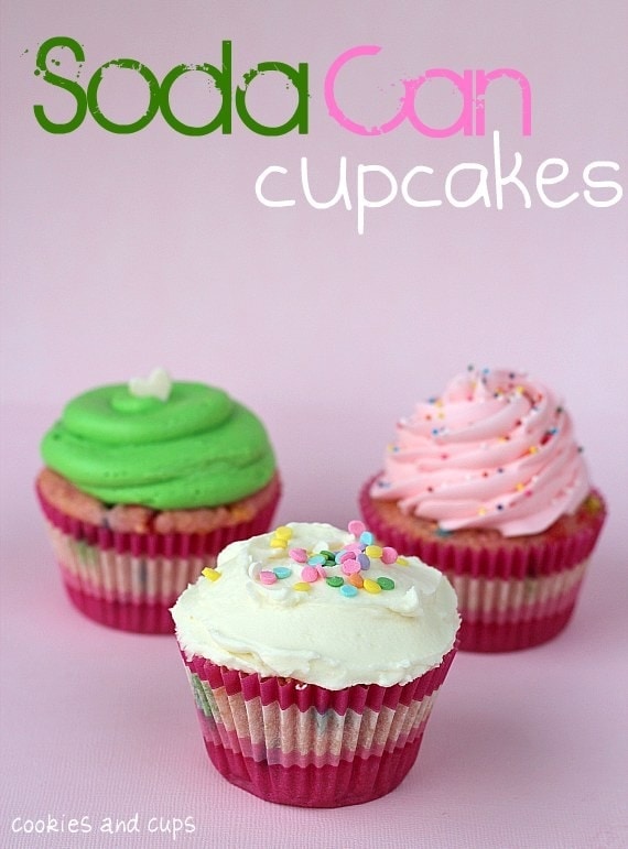 Three varieties of soda can cupcakes with frosting