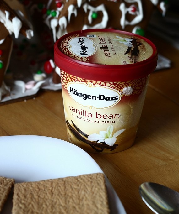 A tub of Haagen-Dazs vanilla bean ice cream next to Gingerbread Pop Tarts.