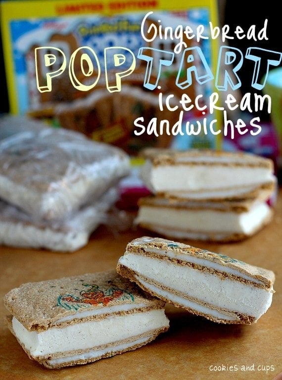 An assortment of Pop Tart ice cream sandwiches in front of a box of Gingerbread Pop Tarts.