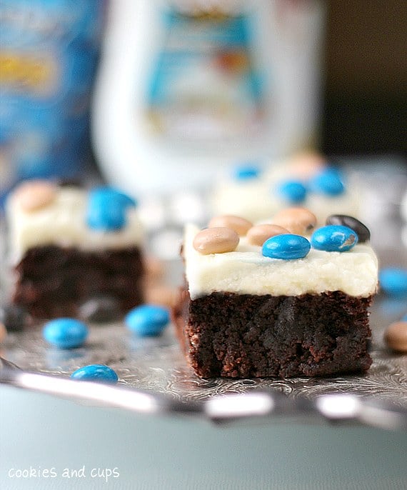 Close-up of Coconut Cream Cheese Frosted Brownies on a tray