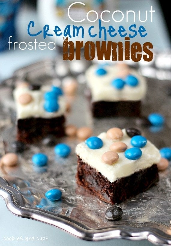 Tray of coconut cream cheese frosted brownies